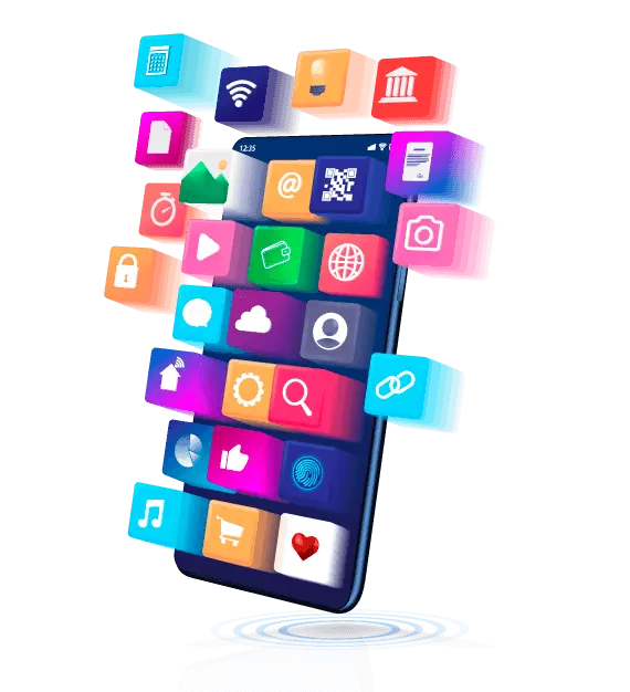 ilustração de um celular com alguns icones de aplicativos saindo da tela do celular.